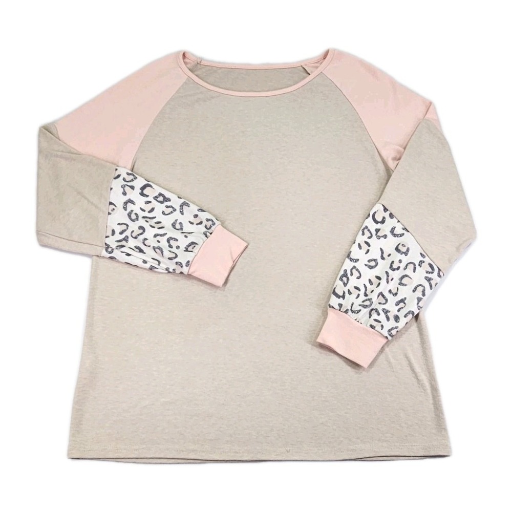 Leopard Print Womens L Long Sleeve Shirt Pink Cream White T-shirt Spotted Spots
